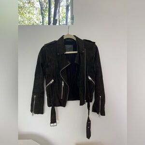 All Saints Black Suede Leather Jacket with Fringe